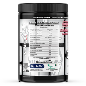 Engineered Muscle Osteo Tank panel showing 5000mg Peptan marine collagen, 3000mg OptiMSM, glucosamine and vitamin C per 17.55g serving