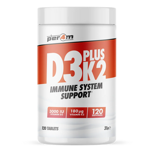 A tub of Per4m D3 K2 Immune System Support tablets, featuring a white and red label with white text.